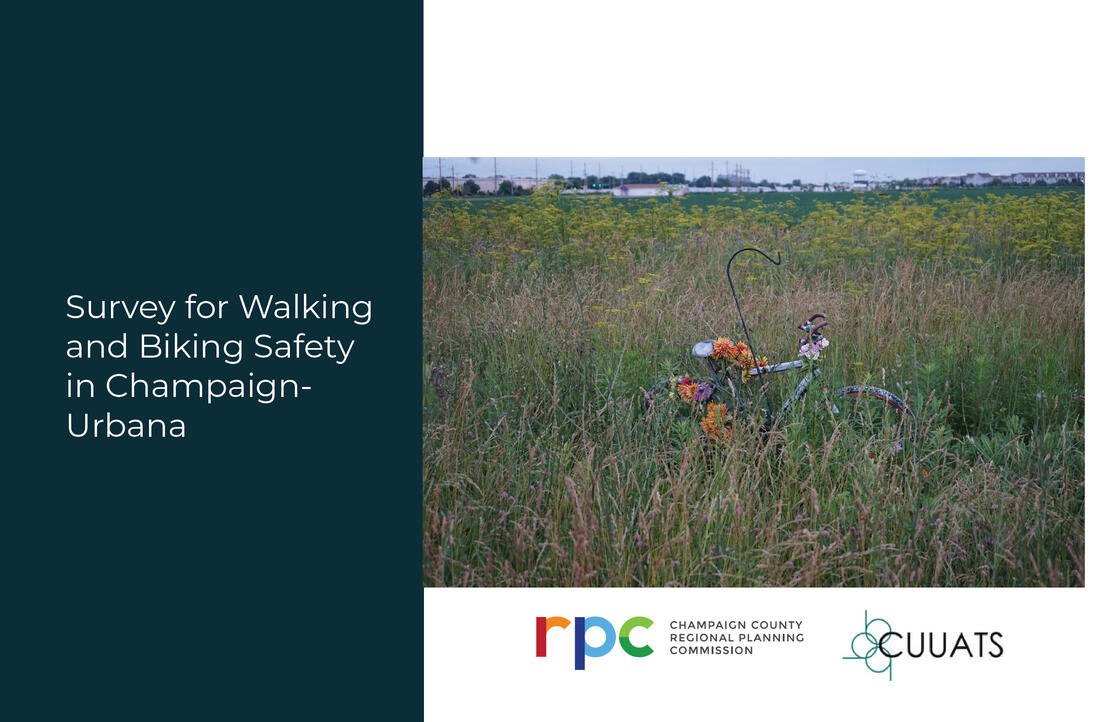 Survey for Walking and Biking Safety in Champaign-Urbana (linked image) report cover: a decorated bike in roadside grass to mark where a bicyclist died in a car crash